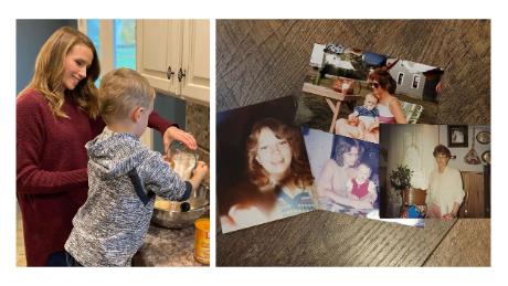 Left: Dilsaver-Sandusky and her son Calvin make pumpkin pie ahead of the Thanksgiving holiday.  Right: Photos show Jessica Dilsaver-Sandusky&#39;s mother, Deb Scott, through the years. (Courtesy Jessica Dilsaver-Sandusky)