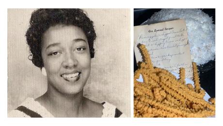 Left: Toni Robinson&#39;s mother Delia King. Right: King&#39;s original snowball cake recipe sits between cheese straws and a snowball cake. (Courtesy Toni Robinson)