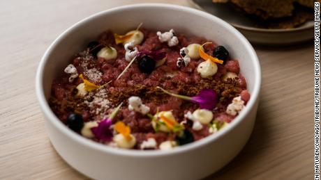A dish of bison tartare is served at Owamni.