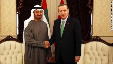 Abu Dhabi Crown Prince Sheikh Mohammed bin Zayed Al Nahyan shakes hands with then Turkish Prime Minister Recep Tayyip Erdogan before his last official visit to Ankara on February 28, 2012.