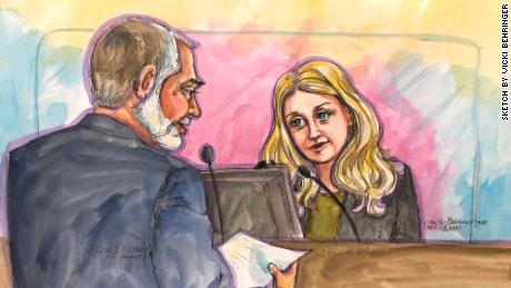 In this courtroom sketch, Holmes is seen answering questions from defense attorney Kevin Downey. 