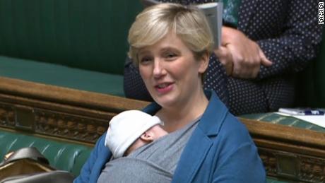 Labour MP Stella Creasy with her newborn baby in the chamber of Britain&#39;s House of Commons in September 