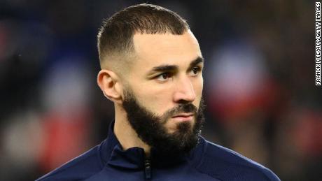 France&#39;s forward Karim Benzema poses before the FIFA World Cup 2022 qualification football match between France and Kazakhstan at the Parc des Princes stadium in Paris, on November 13, 2021.