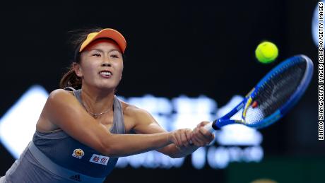 Peng Shuai of China returns a shot against Daria Kasatkina of Russia during the women's singles first round match of 2019 China Open at the China National Tennis Center on September 28, 2019 in Beijing, China. 