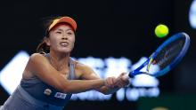 BEIJING, CHINA - SEPTEMBER 28:  Peng Shuai of China returns a shot against Daria Kasatkina of Russia during the women&#39;s singles first round match of 2019 China Open at the China National Tennis Center on September 28, 2019 in Beijing, China.  (Photo by Lintao Zhang/Getty Images)