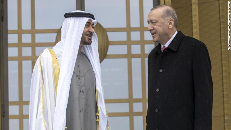 Turkish President Recep Tayyip Erdogan welcomes Abu Dhabi Crown Prince Sheikh Mohammed bin Zayed al-Nahyan with an official ceremony at the Presidential Complex in Ankara, Turkey on November 24, 2021. 