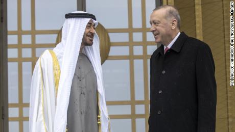 Turkish President Recep Tayyip Erdogan greets Abu Dhabi Crown Prince Sheikh Mohammed bin Zayed al-Nahyan during an official ceremony at the Presidential Complex in Ankara, Turkey on November 24, 2021. 