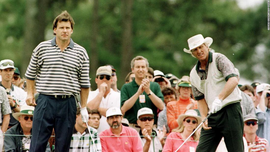 Nick Faldo of England (left) and Greg Norman of Australia (right) were at the top of golf during a competitive time for the sport. In the 1980s and 1990s, the pair competed for major titles -- winning eight between them -- going against Ballesteros and Bernhard Langer. However, their relationship will be most remember for Faldo&#39;s dramatic victory at the 1996 Masters where he overcame a six-shot deficit to capitalize on Norman&#39;s final round collapse to win.