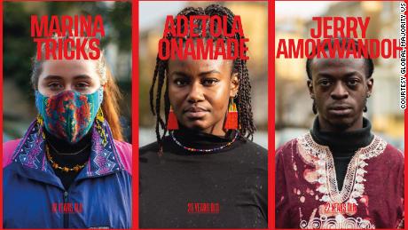 A campaign poster shows climate activists from left, Marina Trixie, Adetola Stephanie Onamed and Jerry Amokavandoh, trying to prosecute the UK government.