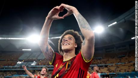Witsel gestures to the stands after Belgium&#39;s victory against Portugal at Euro 2020. 