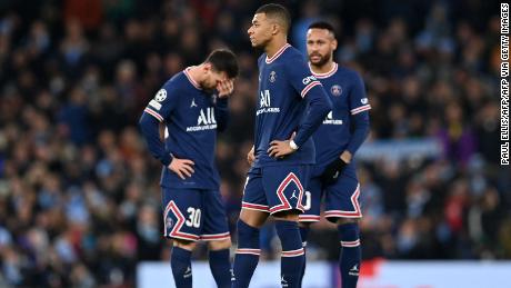 PSG&#39;s fearsome trio ... Lionel Messi (L), Kylian Mbappé (C) and  Neymar (R) react after City equalize during a recent UEFA Champions League game.