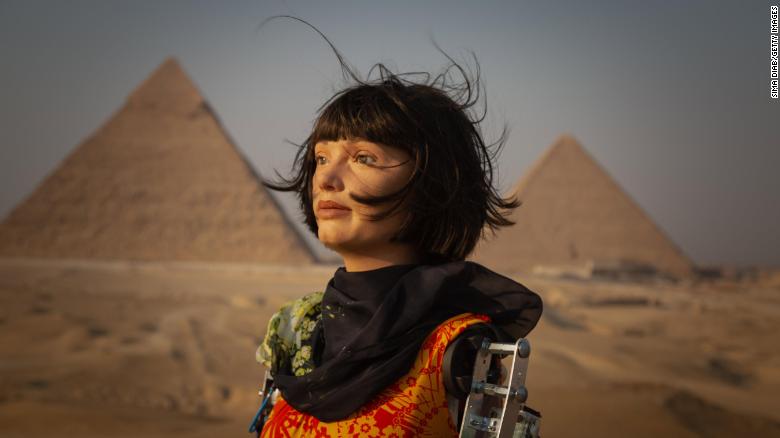 Ai-Da went on display at the Great Pyramids of Giza in Cairo, Egypt, on October 23, 2021, as part of an exhibition presented by the organization Art D'Egypte in partnership with the Egyptian Ministry of Antiquities and Tourism.