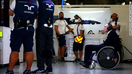 Frank Williams watching in the garage during training for the 2015 Russia Grand Prix.