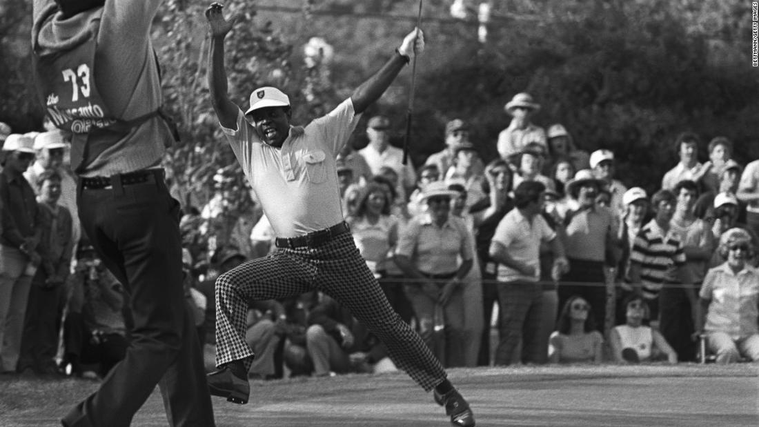 Elder leaps for joy after winning the Monsanto Open in 1974. The playoff victory, his first on the PGA Tour, clinched his spot at the Masters.
