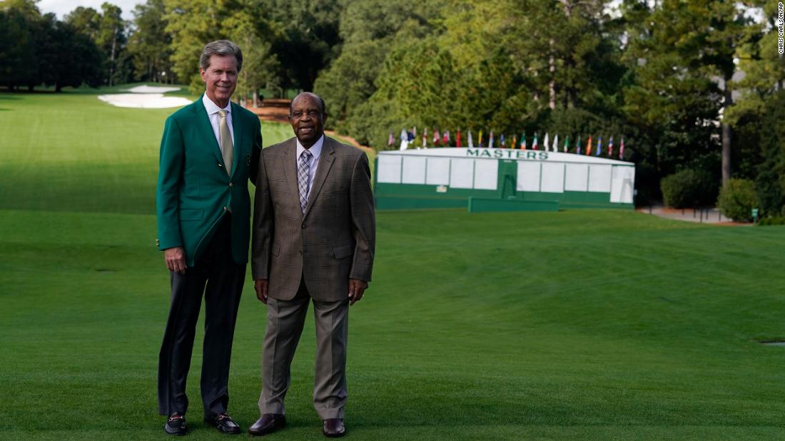 Elder and Fred Ridley, chairman of Augusta National Golf Club, pose for a picture at the 2020 Masters. The Masters was honoring Elder by announcing scholarships at local colleges in his name.