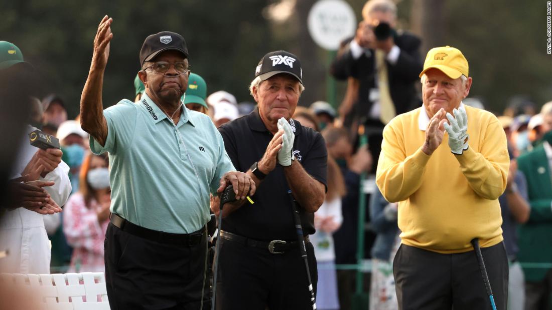 Elder acknowledges applause as he joins Gary Player and Jack Nicklaus as honorary starters at the &lt;a href=&quot;https://www.cnn.com/2021/04/08/golf/gallery/masters-golf-2021/index.html&quot; target=&quot;_blank&quot;&gt;2021 Masters.&lt;/a&gt;