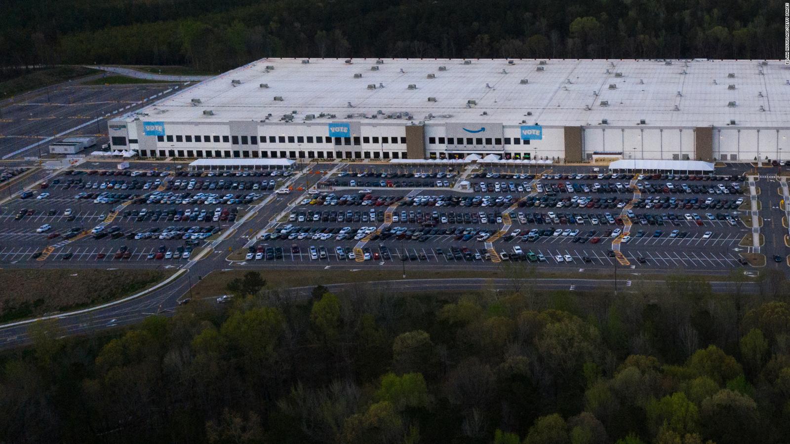 In an aerial view from a drone, the Amazon fulfillment warehouse in Bessemer, Alabama during the unionization drive there earlier this year. A new vote has been ordered at the warehouse following union complaints against Amazon&#39;s efforts during the first vote. 