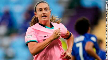 Barcelona&#39;s Alexia Putellas celebrates her penalty goal during the UEFA Women&#39;s Champions League final between Chelsea FC and FC Barcelona in Gothenburg, Sweden, on May 16, 2021. - - Sweden OUT (Photo by Bjorn LARSSON ROSVALL / TT News Agency / AFP) / Sweden OUT (Photo by BJORN LARSSON ROSVALL/TT News Agency/AFP via Getty Images)