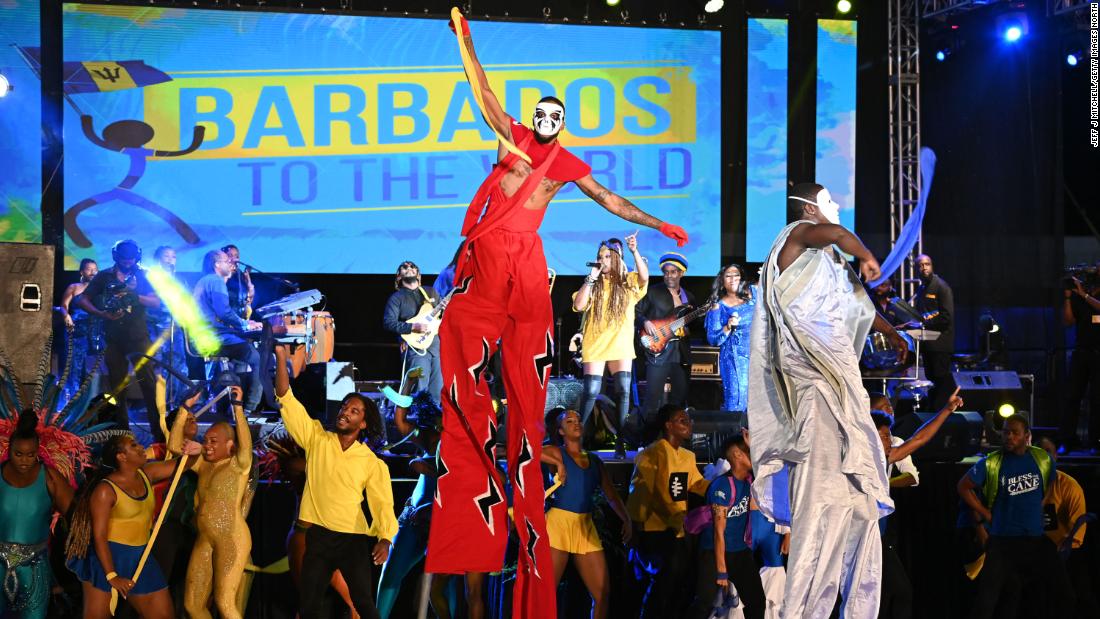 Entertainers perform during the Presidential Inauguration Ceremony in Bridgetown. 