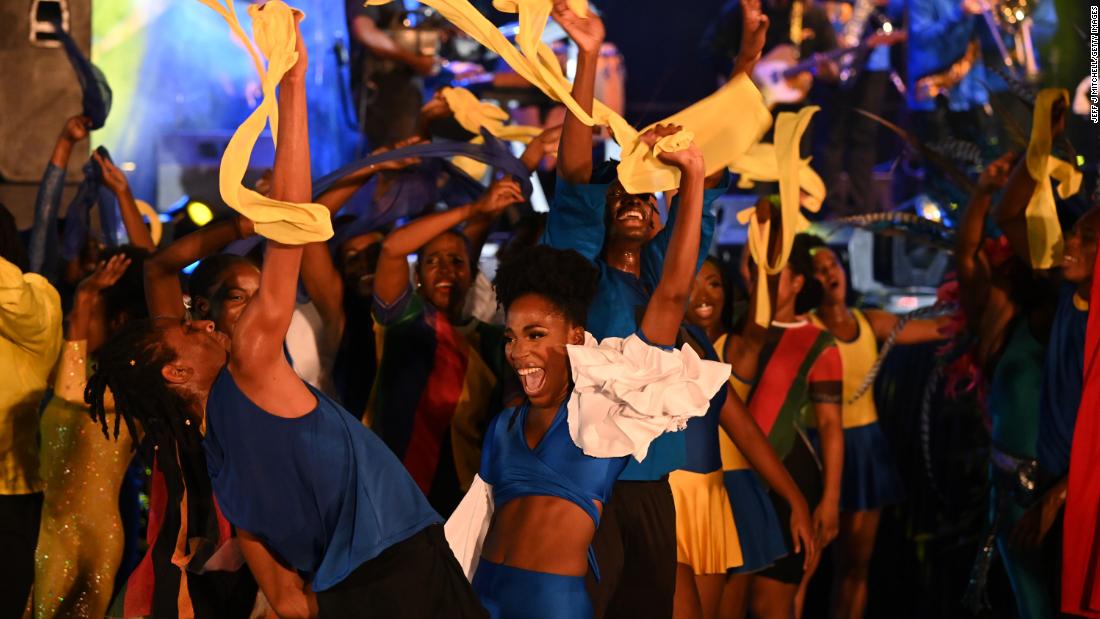 Dancers perform at Heroes Square in Bridgetown. 