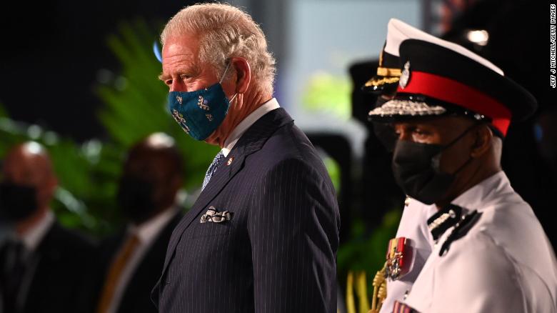 Britain's Prince Charles, Prince of Wales, attends the Presidential Inauguration Ceremony at Heroes Square on November 29, 2021 in Bridgetown, Barbados. 