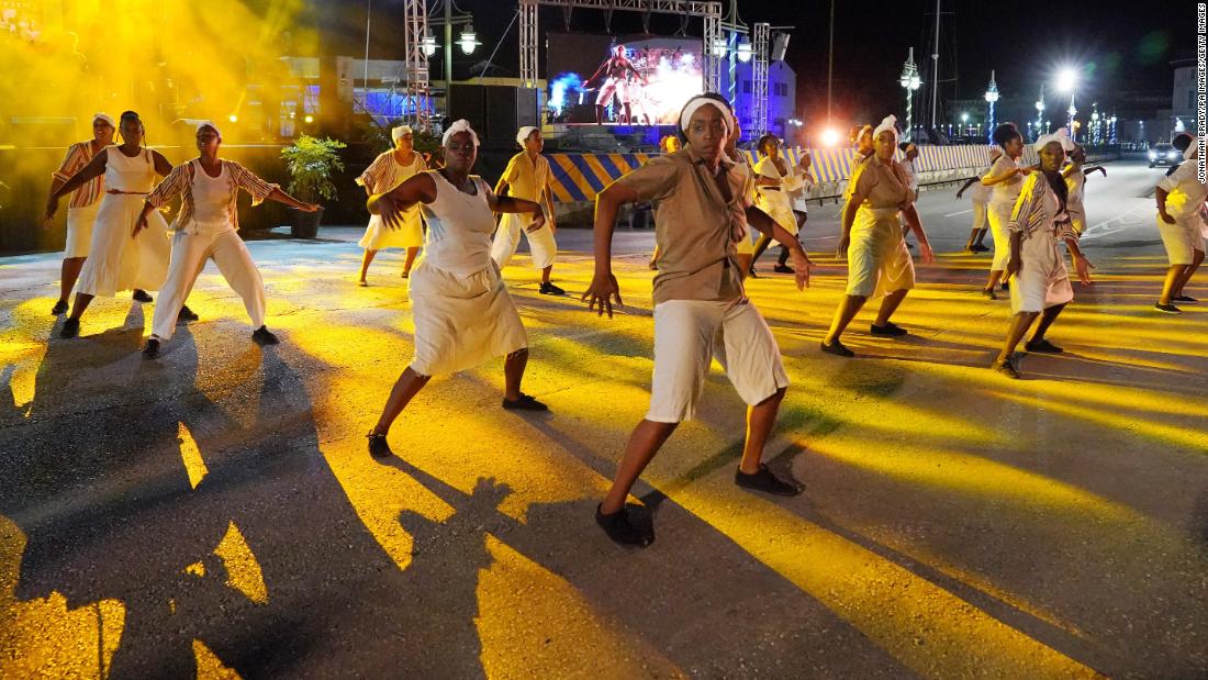 Dancers perform in Heroes Square in Bridgetown, Barbados, before the Presidential Inauguration Ceremony on Monday, November 29.