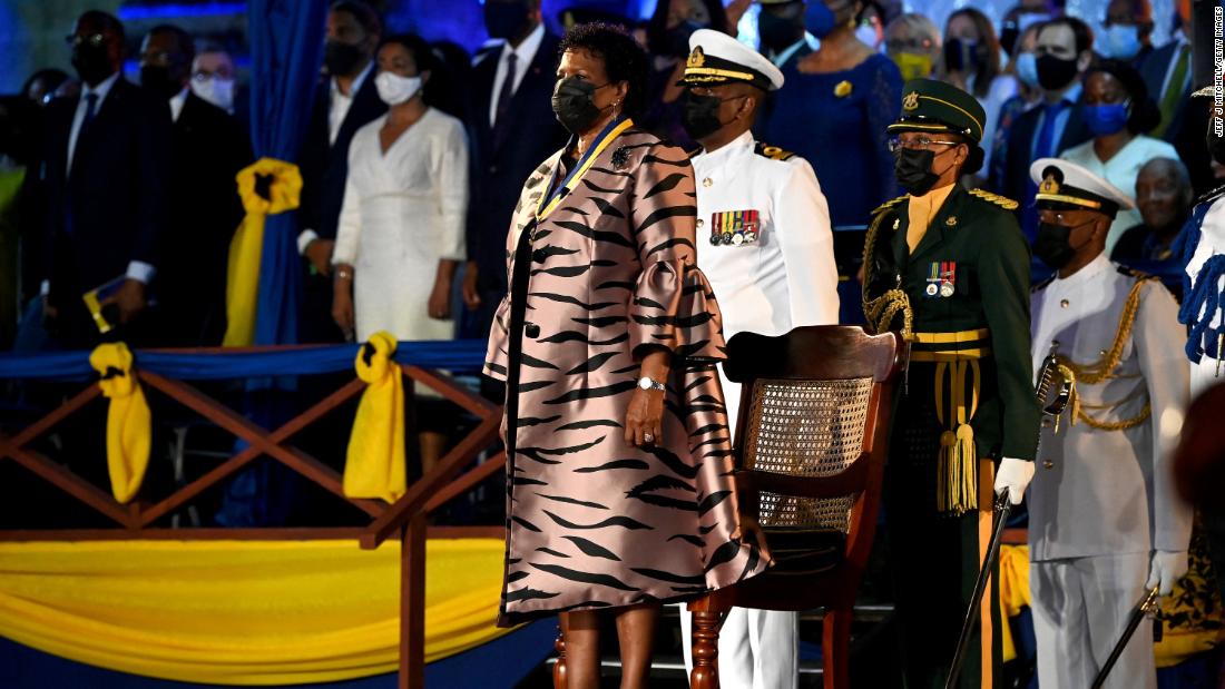 President of Barbados, Dame Sandra Mason, stands after being sworn in at the Presidential Inauguration Ceremony.