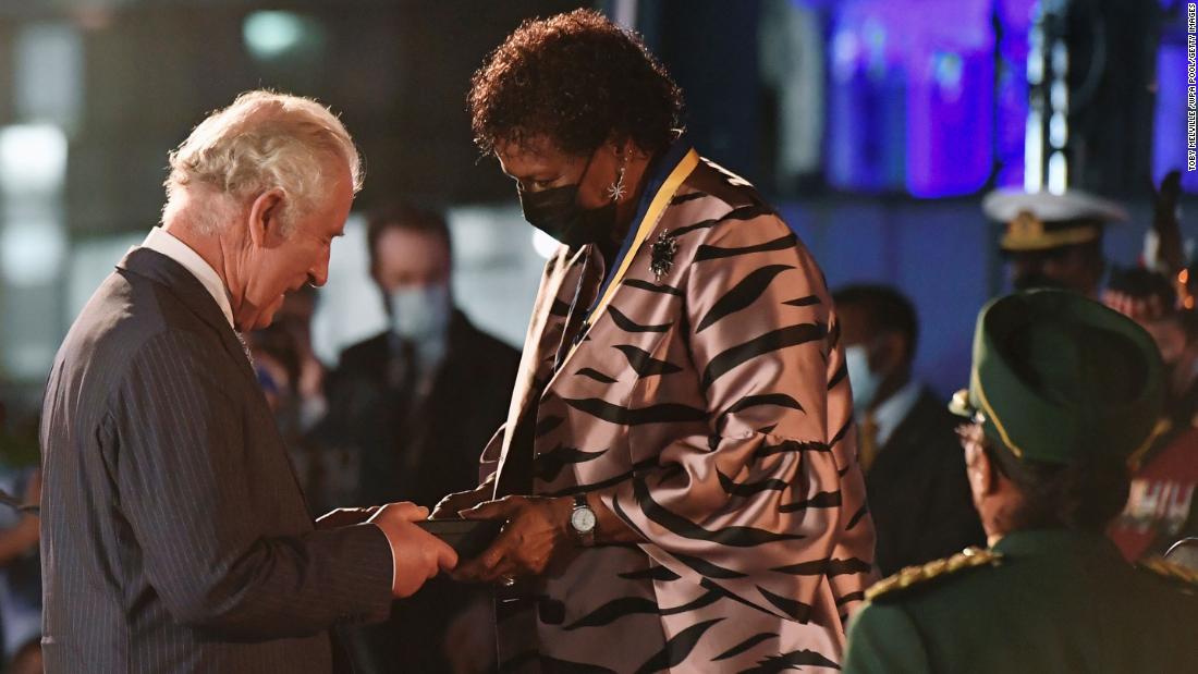 President of Barbados, Dame Sandra Mason awards Prince Charles, Prince of Wales with the Order of Freedom of Barbados.
