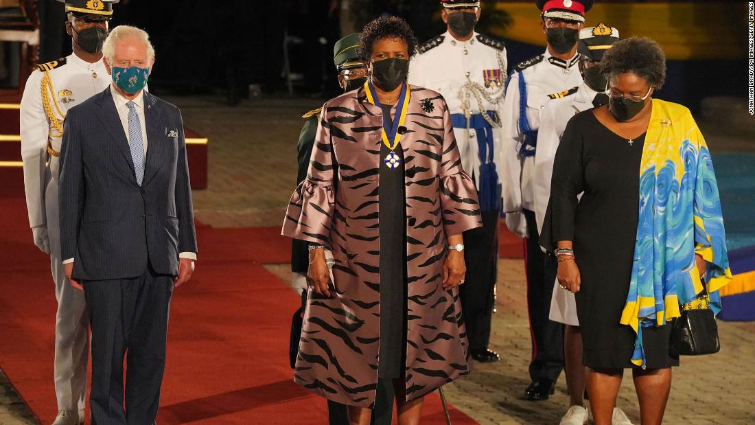 The Prince of Wales is joined by President of Barbados Sandra Mason and Prime Minister of Barbados Mia Mottley as they prepare to depart from Heroes Square in Bridgetown, Barbados following a ceremony to mark the country&#39;s transition to a republic within the Commonwealth.