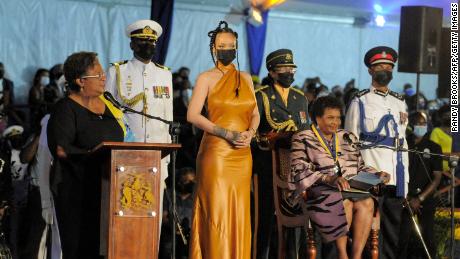 Rihanna (third from left) was named a national hero during a ceremony to declare Barbados a republic and the inauguration of the country&#39;s first president, at Heroes Square in Bridgetown, November 30. 