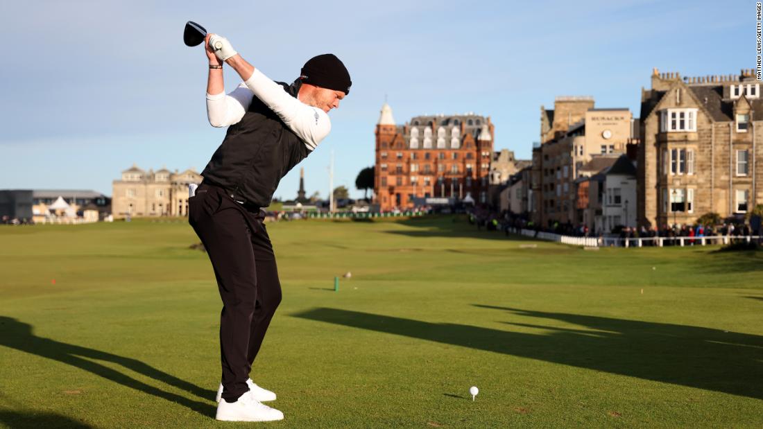 Danny Willett tees off on the 18th hole during day four of The Alfred Dunhill Links Championship at The Old Course at St Andrews on October 3, 2021 in Scotland. With sea levels projected to rise by one meter in the next 50 years, the home of golf at St. Andrews could be a swamp like Miami as early as 2050.