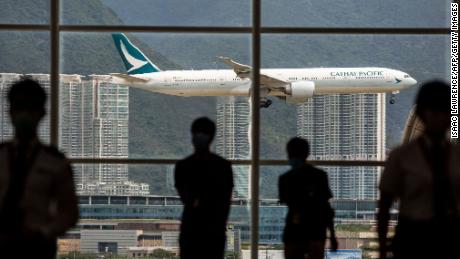 A Cathay Pacific aircraft coming in to land at Hong Kong International Airport in August.