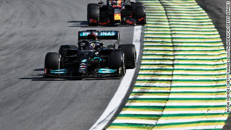 Lewis Hamilton leads Max Verstappen during the F1 Grand Prix of Brazil at Autodromo Jose Carlos Pace on November 14, 2021 in Sao Paulo, Brazil.