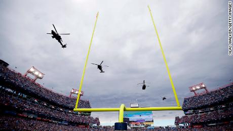 A helicopter flyover before the game between the New Orleans Saints and the Tennessee Titans at Nissan Stadium on November 14, 2021 in Nashville, Tennessee. 