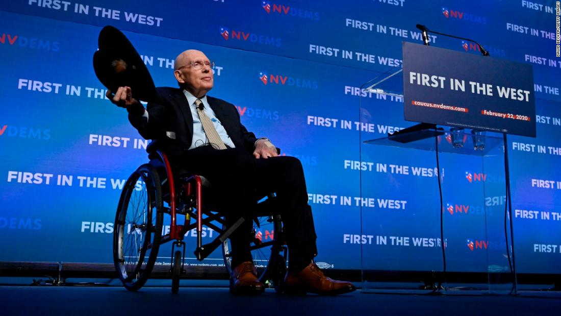 Reid acknowledges the audience during a Nevada Democrats event in Las Vegas in 2019. A year earlier, he underwent surgery for pancreatic cancer.