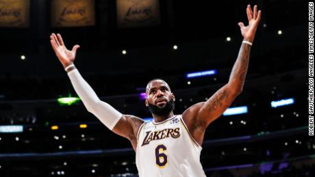 Los Angeles Lakers forward LeBron James exults while leading his team on a second half run against the Detroit Pistons at Staples Center on November 28.