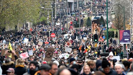 Demonstrators march during a protest against coronavirus measures in Brussels, Belgium, on December 5, 2021.