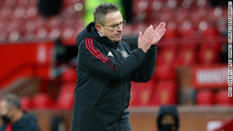 Ralf Rangnick applauds the Manchester United crowd following the club&#39;s victory against Crystal Palace. 