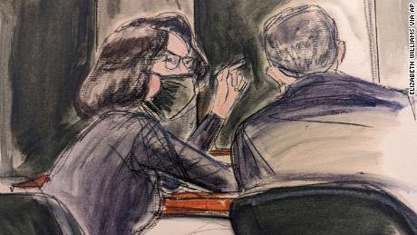 In this sketch, Ghislaine Maxwell, seated at left, talks to her defense attorney on Monday, December 6.