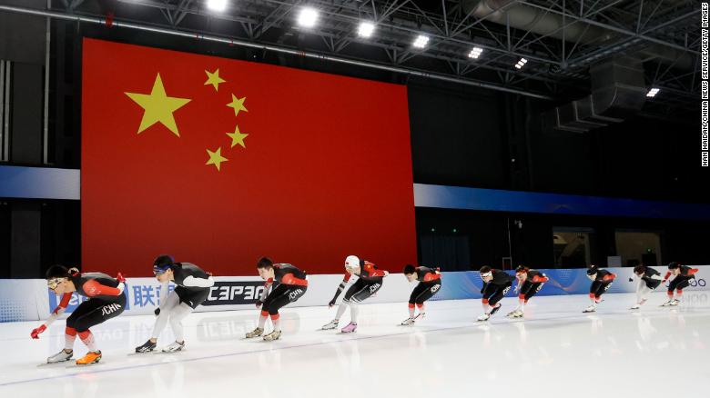Speed skaters attend a training session for the upcoming Beijing 2022 Winter Olympics on December 3, 2021 in Beijing.