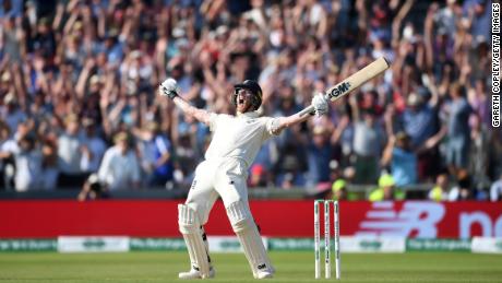 Ben Stokes celebrates hitting the winning runs to win the third Ashes Test match at Headingley on August 25, 2019 in Leeds, England. 