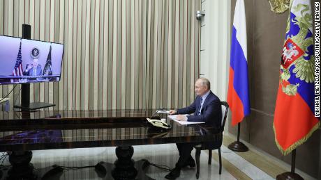 Russian President Vladimir Putin attends a meeting with US President Joe Biden via a video call in the Black Sea resort of Sochi on December 7, 2021.