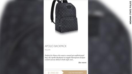 Using images of expensive items like this backpack, the user of the social media account would try to lure people into interactions, Indiana State Police said.