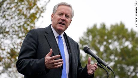 White House chief of staff Mark Meadows speaks with reporters outside the White House, Monday, Oct. 26, 2020, in Washington. (AP Photo/Patrick Semansky)