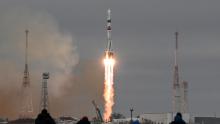 The Soyuz MS-20 spacecraft carrying the crew of Russian cosmonaut Alexander Misurkin, Japanese billionaire Yusaku Maezawa and his production assistant Yozo Hirano blasts off to the International Space Station (ISS) from the Moscow-leased Baikonur cosmodrome in Kazakhstan on December 8, 2021. (Photo by Kirill KUDRYAVTSEV / AFP) (Photo by KIRILL KUDRYAVTSEV/AFP via Getty Images)