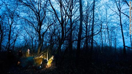A makeshift plastic tent houses Syrian refugees in the forests of Poland on November 26, 2021. 