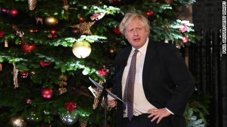Prime Minister Boris Johnson makes a speech as he visits a UK Food and Drinks market set up in Downing Street on November 30, 2021, in London.