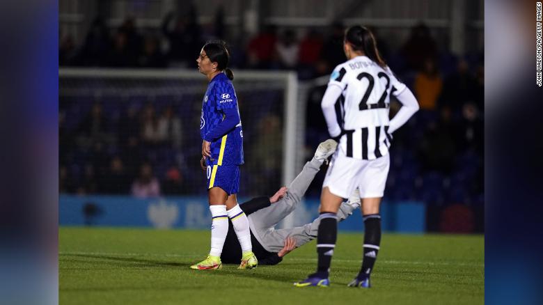 Chelsea star Sam Kerr barges pitch invader to the ground, gets yellow card in Women’s Champions League game
