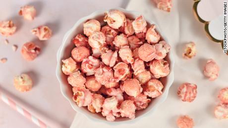 Freeze-dried strawberries give the popcorn a beautiful pink color.