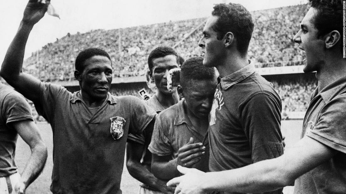 Pelé cries on Brazilian teammate Gilmar after winning the World Cup in 1958. In addition to scoring twice in the final, Pelé scored a hat trick in the semifinal win against France. He also scored the team&#39;s lone goal in the quarterfinal win over Wales.